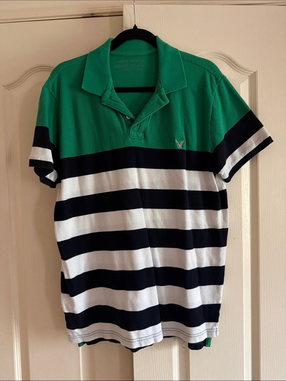 American Eagle Outfitters Green, Navy & White Striped Polo Shirt
